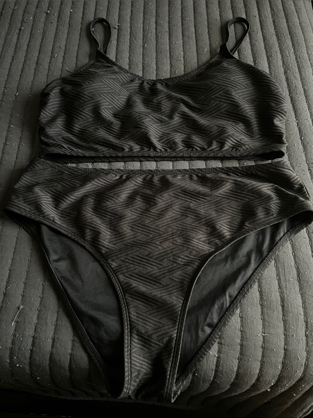 Black Textured High-Waist Bikini Set - Women Swim